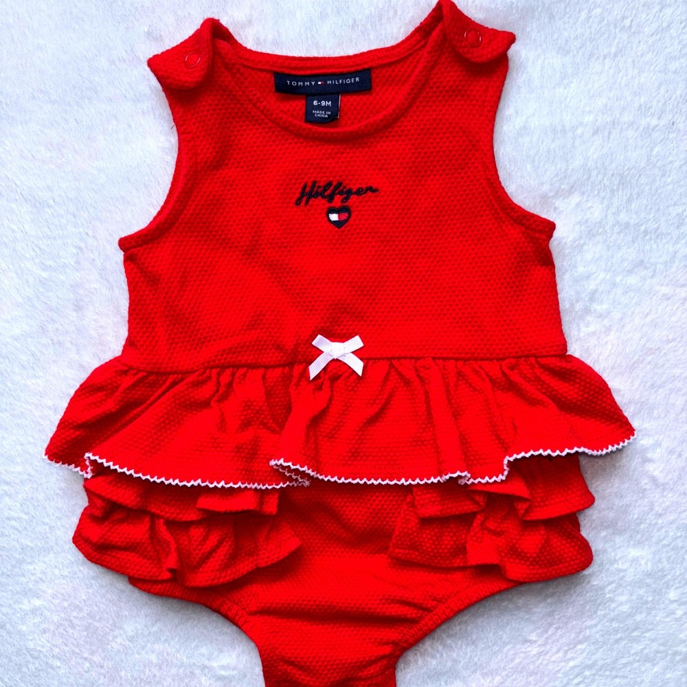 Tommy Hilfiger Red Waffle Knit Ruffle Sleeveless Sunsuit Romper 6-9M